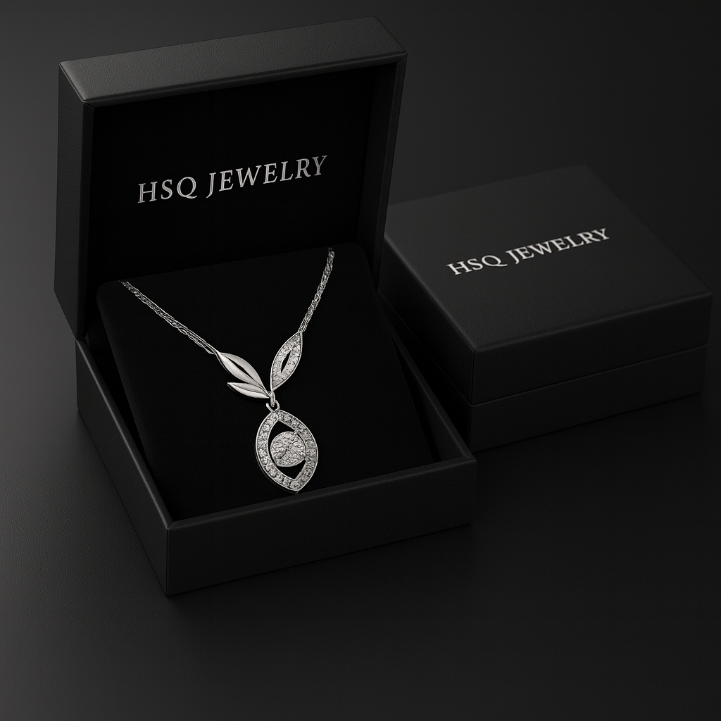 HSQ Jewelry “Moonlit Leaf Halo Pendant” – 18K Gold / Platinum Lab-Grown Diamond Necklace