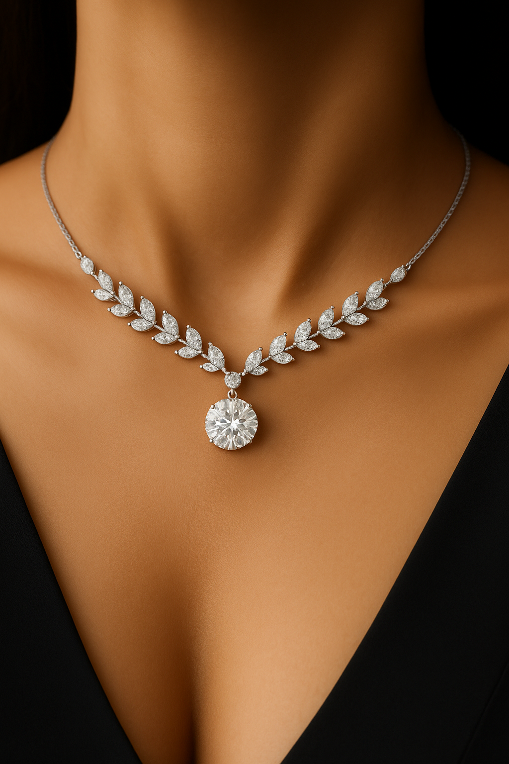 “Whispering Leaves” – 18K Gold / Platinum Lab-Grown Diamond Necklace (Marquise & Round)