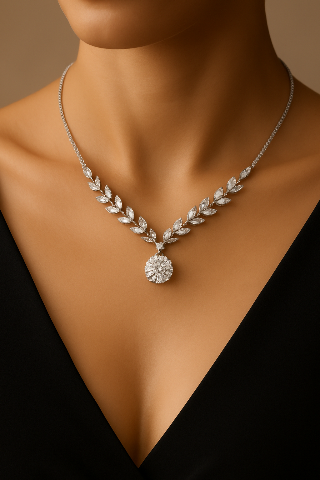 “Whispering Leaves” – 18K Gold / Platinum Lab-Grown Diamond Necklace (Marquise & Round)