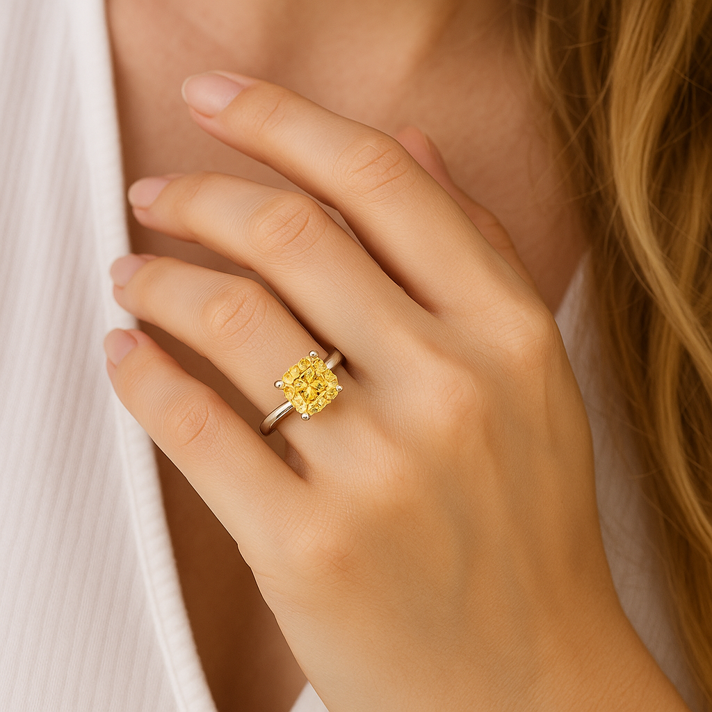 2CT / 3CT / 5CT Fushion Cut Fancy Yellow Lab Grown Diamond Ring in 18K Gold