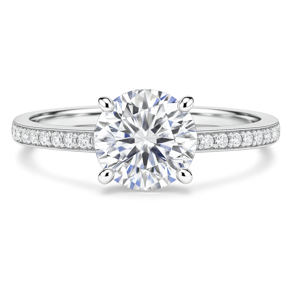 Round Cut Lab Grown Diamond Four-Prong Pavé Engagement Ring (1–2ct)