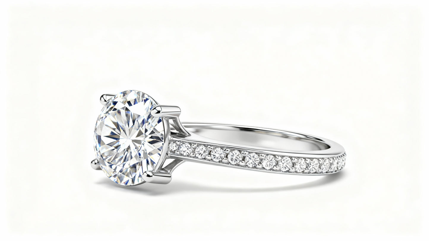 Round Cut Lab Grown Diamond Four-Prong Pavé Engagement Ring (1–2ct)