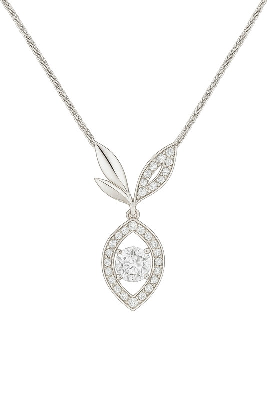 HSQ Jewelry “Moonlit Leaf Halo Pendant” – 18K Gold / Platinum Lab-Grown Diamond Necklace