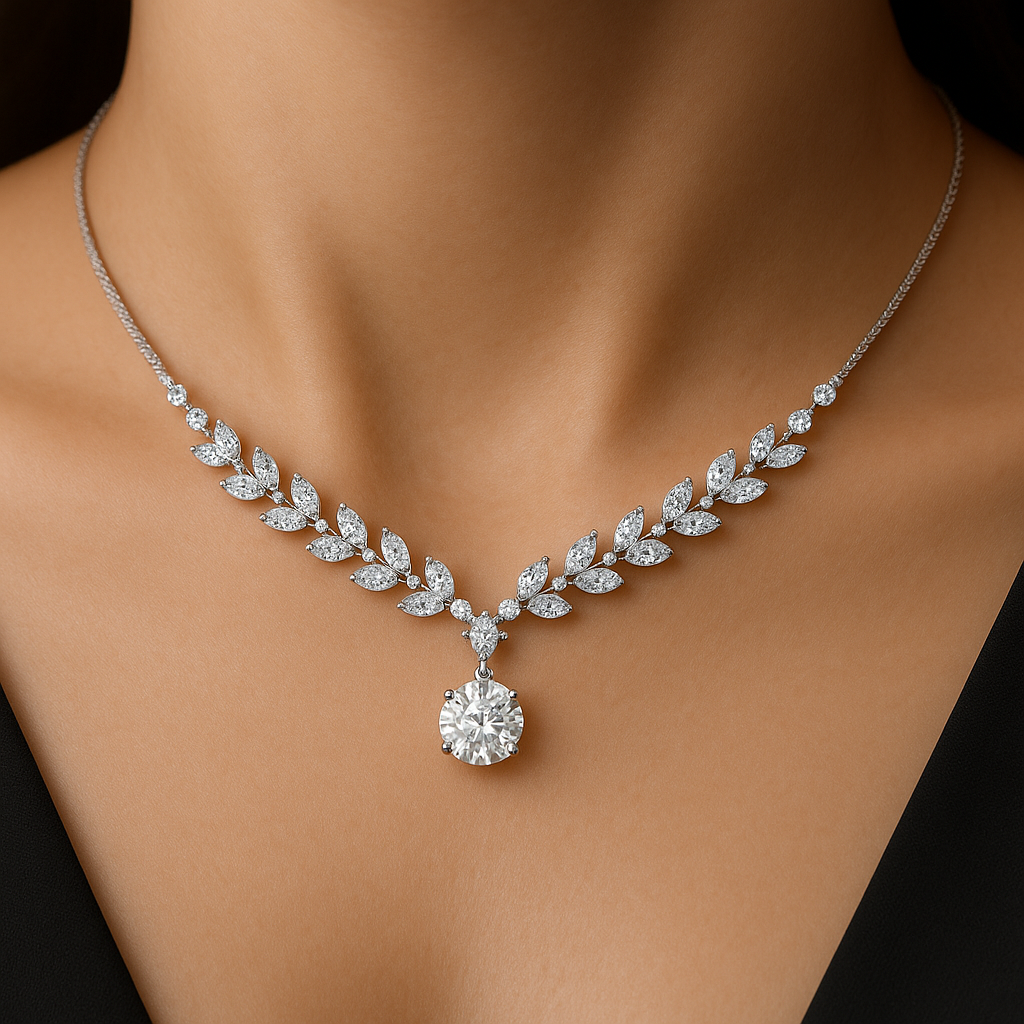 “Whispering Leaves” – 18K Gold / Platinum Lab-Grown Diamond Necklace (Marquise & Round)