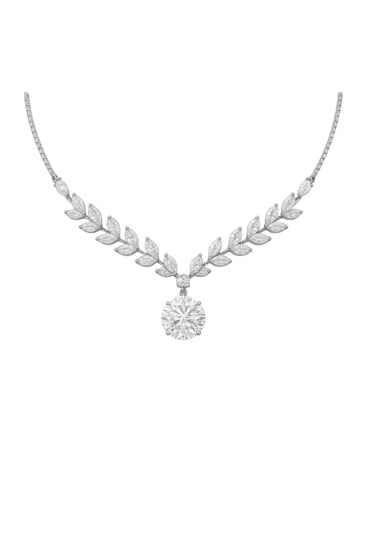 “Whispering Leaves” – 18K Gold / Platinum Lab-Grown Diamond Necklace (Marquise & Round)