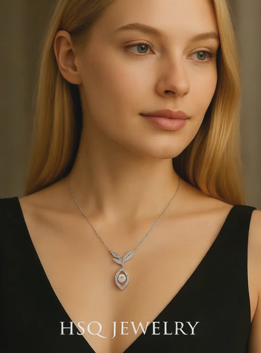HSQ Jewelry “Moonlit Leaf Halo Pendant” – 18K Gold / Platinum Lab-Grown Diamond Necklace