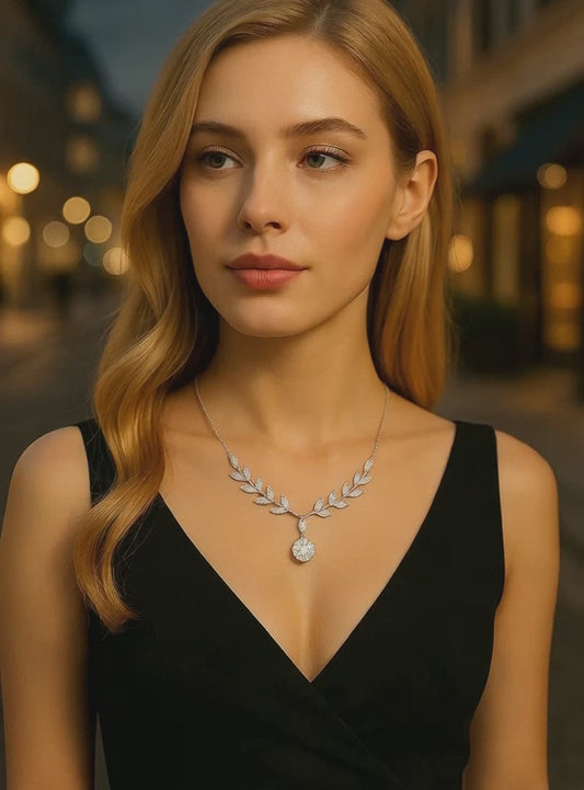 “Whispering Leaves” – 18K Gold / Platinum Lab-Grown Diamond Necklace (Marquise & Round)